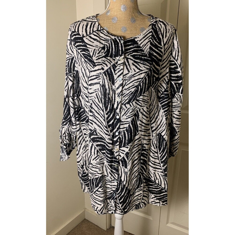 Cynthia Rowley Women Top Shirt Tunic Black White Leaves 1X Button 100% Linen